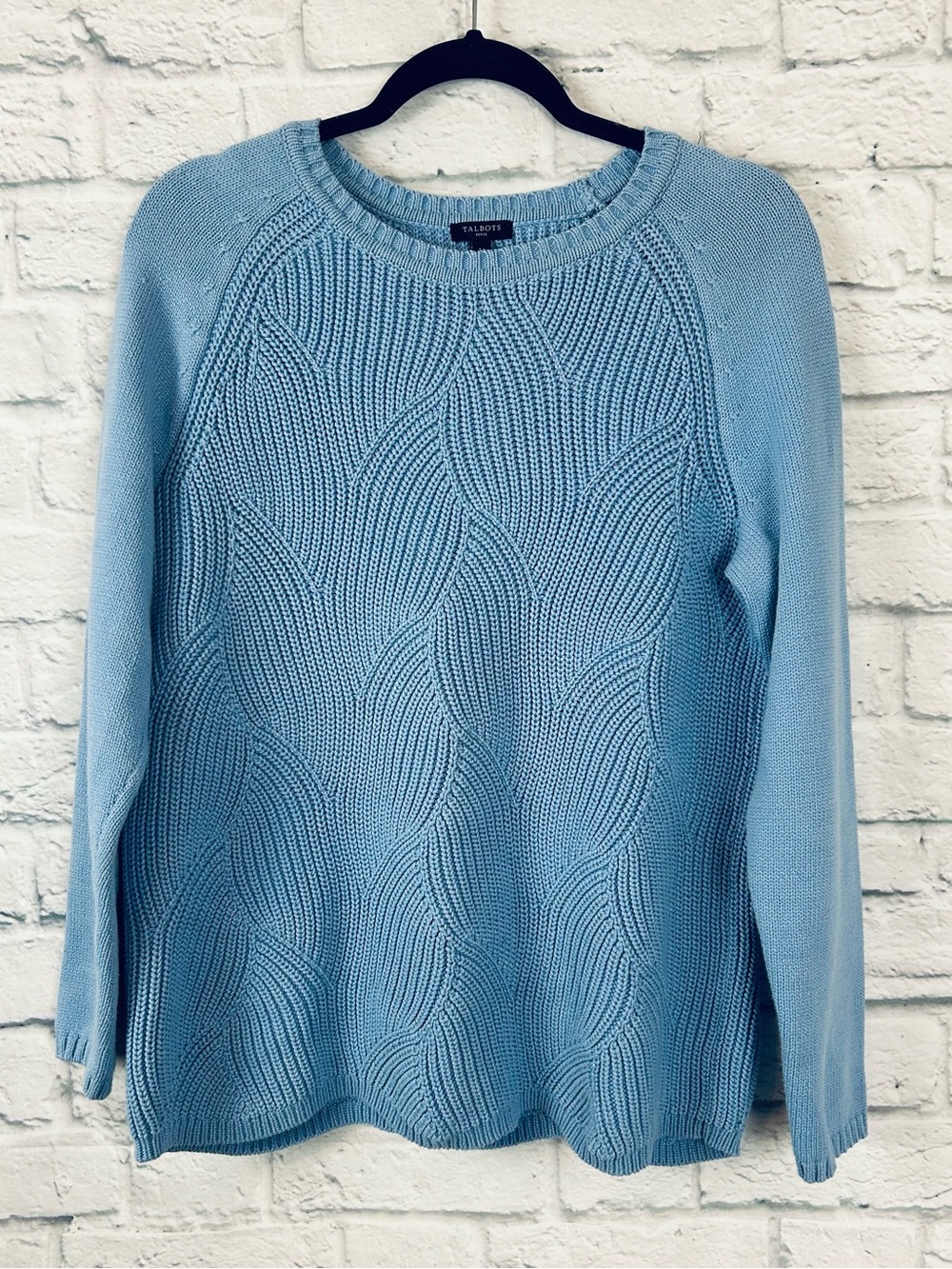 Talbots Petite LP Blue Cable Knit Cotton Blend Raglan Sweater